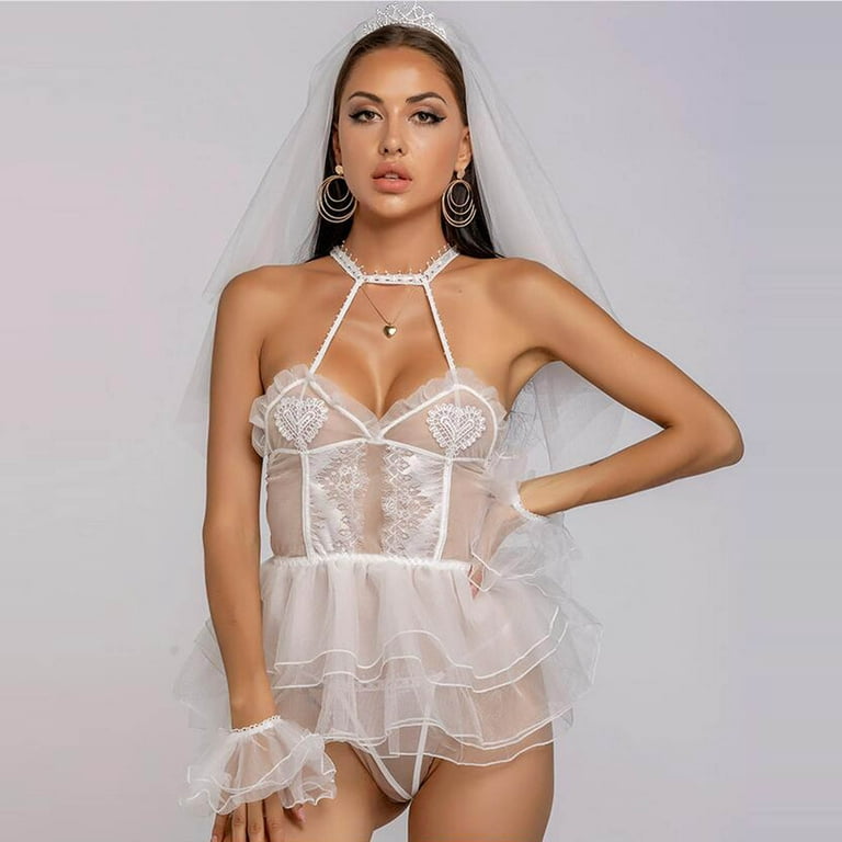 Sexy White Lace See Through Babydoll Lingerie Set