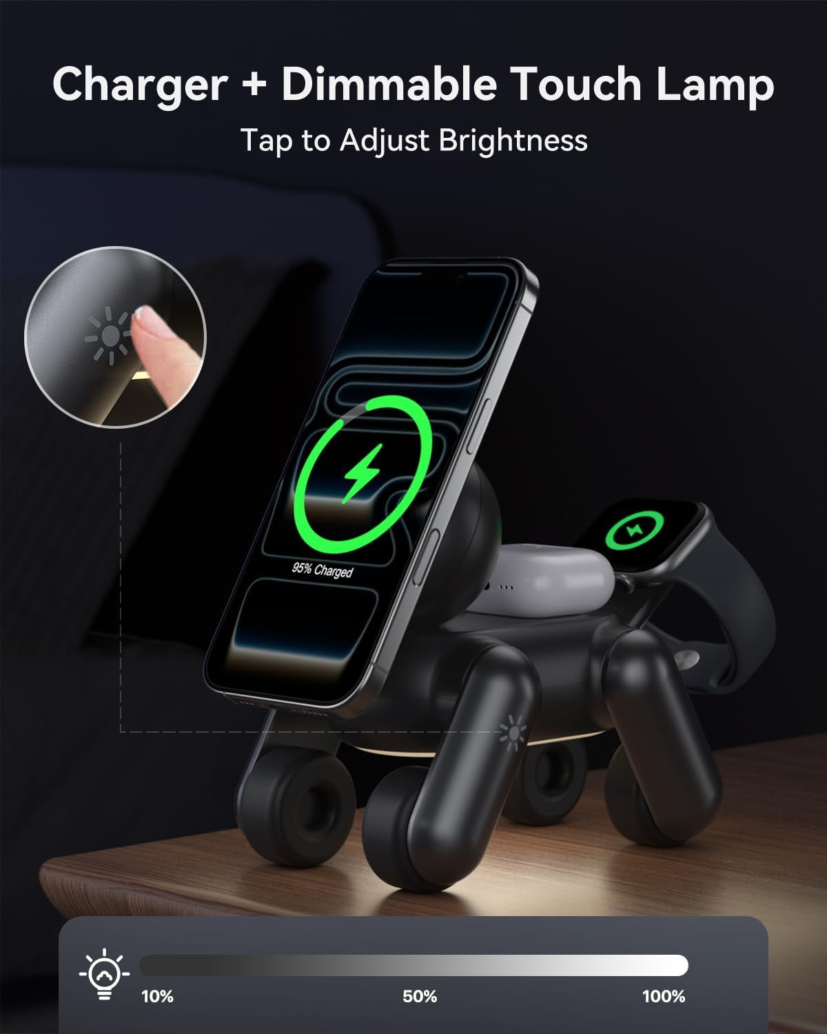 3-in-1 Foldable Wireless Charging Station Compatible with Magsafe,15W Fast Magnetic Charger Stand for iPhone 12-17 Apple Watch AirPods, Travel-Friendly with Night Light (Robo-Dog Design)