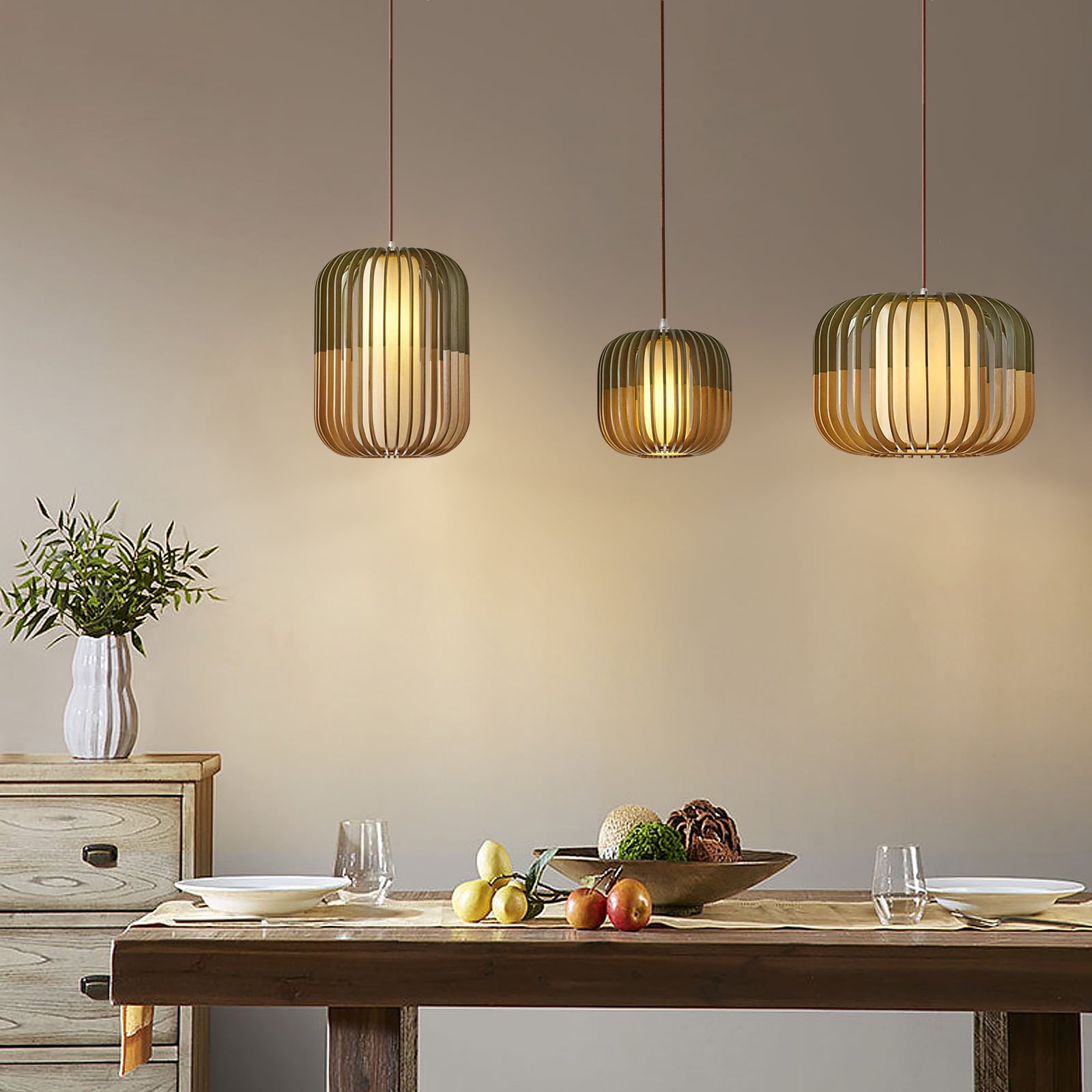 Arturesthome Wood Pendant Lights, Wicker Drum Chandelier Boho Pendant Light Basket Lighting Fixture, Large Natural Woven Hanging Lamp for Kitchen Island Dining Room Entryway