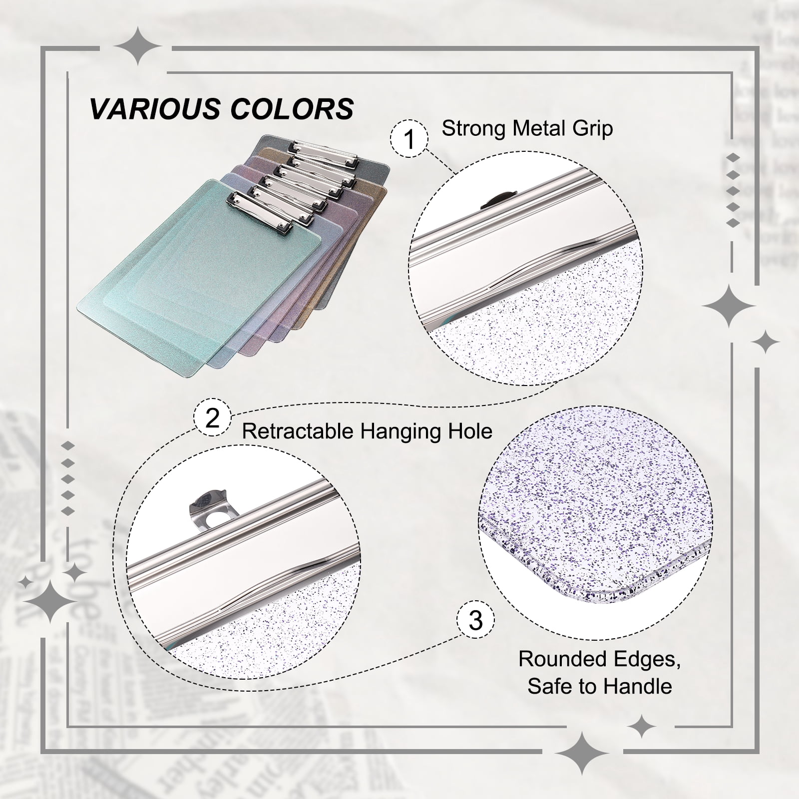 Uxcell Plastic Clip Boards, A4 Size Purple Stylish Clip Boards Glitter Design Cute Clipboards Office Supplies for Restaurant Shop Store Note Memo Card Sign Holder