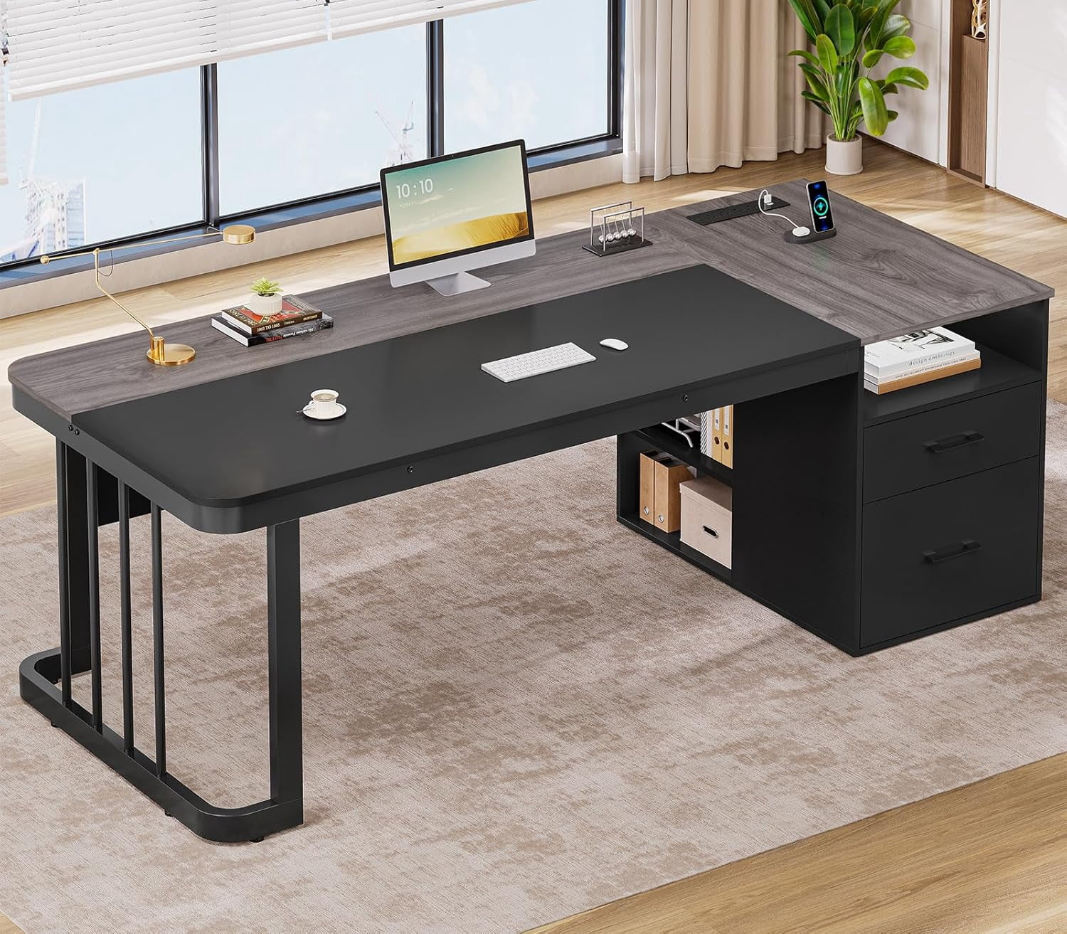 70.9" Large Executive Desk with Power Outlets, Modern Computer Table with Storage Drawers and File Cabinet for Home Office, Grey