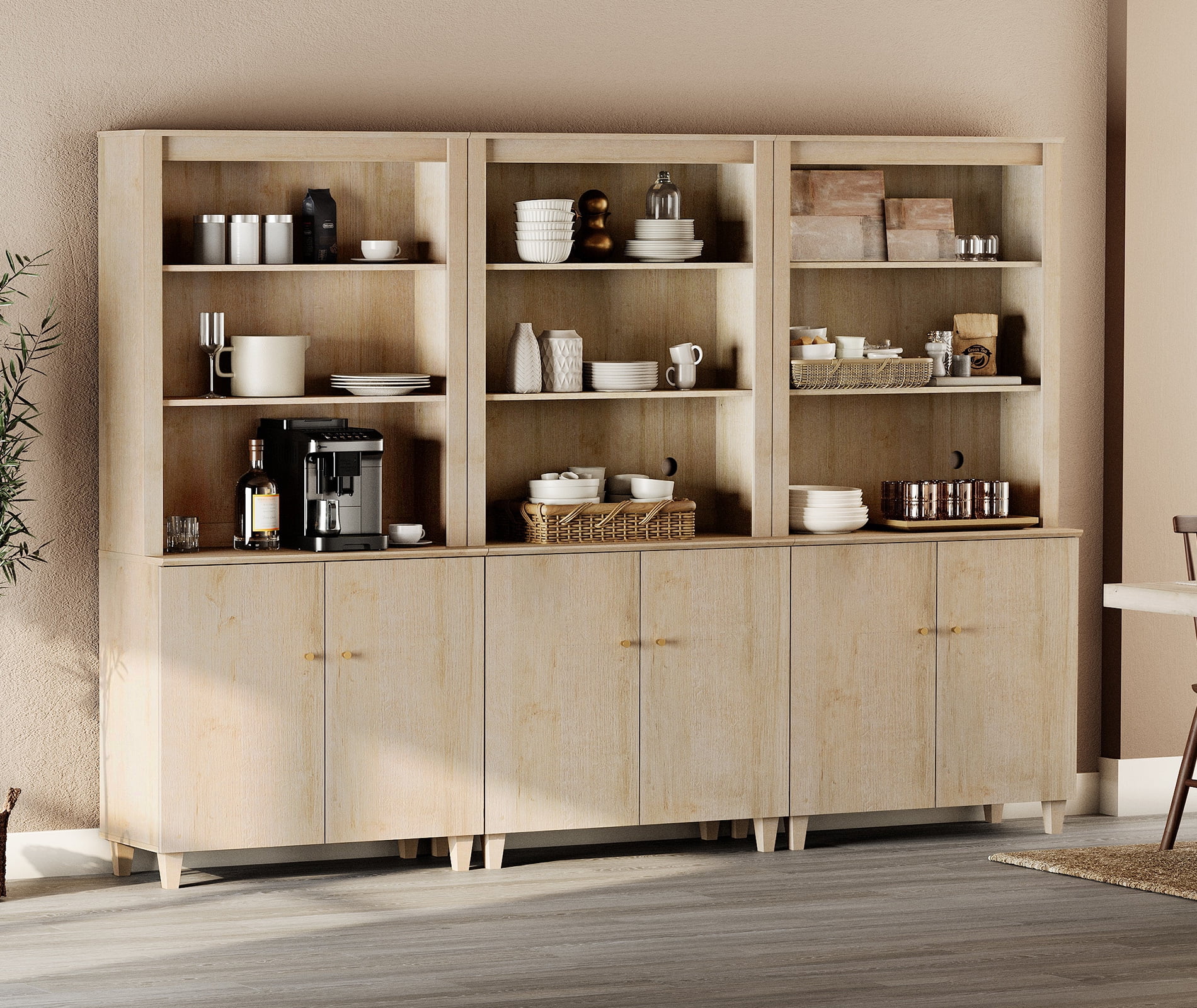 WAMPAT Modern 71" Tall Pantry Cabinet with Doors and Adjustable Shelves for Dining Room, 3-Column 5-Tier, Natural Oak