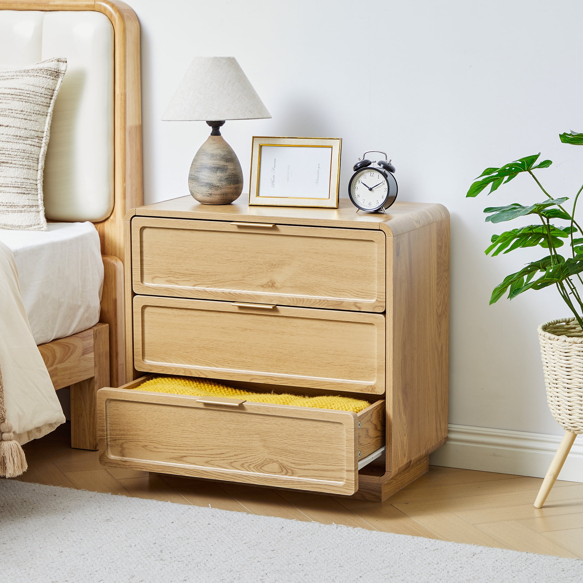 Set of 2 Mid-Century Modern 3-Drawer Dresser & Nightstand, Wood Storage Cabinet for Bedroom, Living Room or Entryway, Farmhouse Bedside Table, Oak