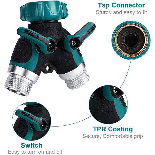 2 Way Hose Splitter, Garden Hose Splitter, 3/4” and 1/2” 2 Way Distributor with 2 Valve Outlets, 2 Way Splitter with 3 Washers, Garden Hose Connector
