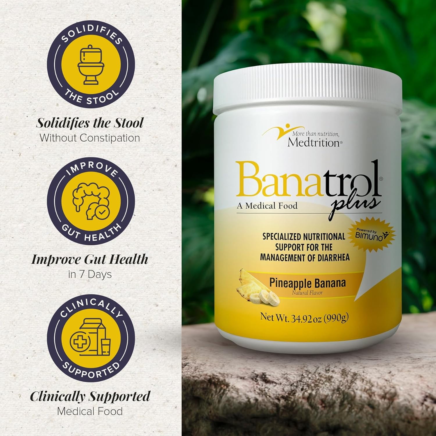 Medtrition Banatrol® Natural Anti-Diarrheal with Prebiotics, Relief from Chronic Diarrhea, IBS, Recurring Diarrhea, Clinically Supported Medical Food, Non-Constipating 90 Servings (Pineapple)