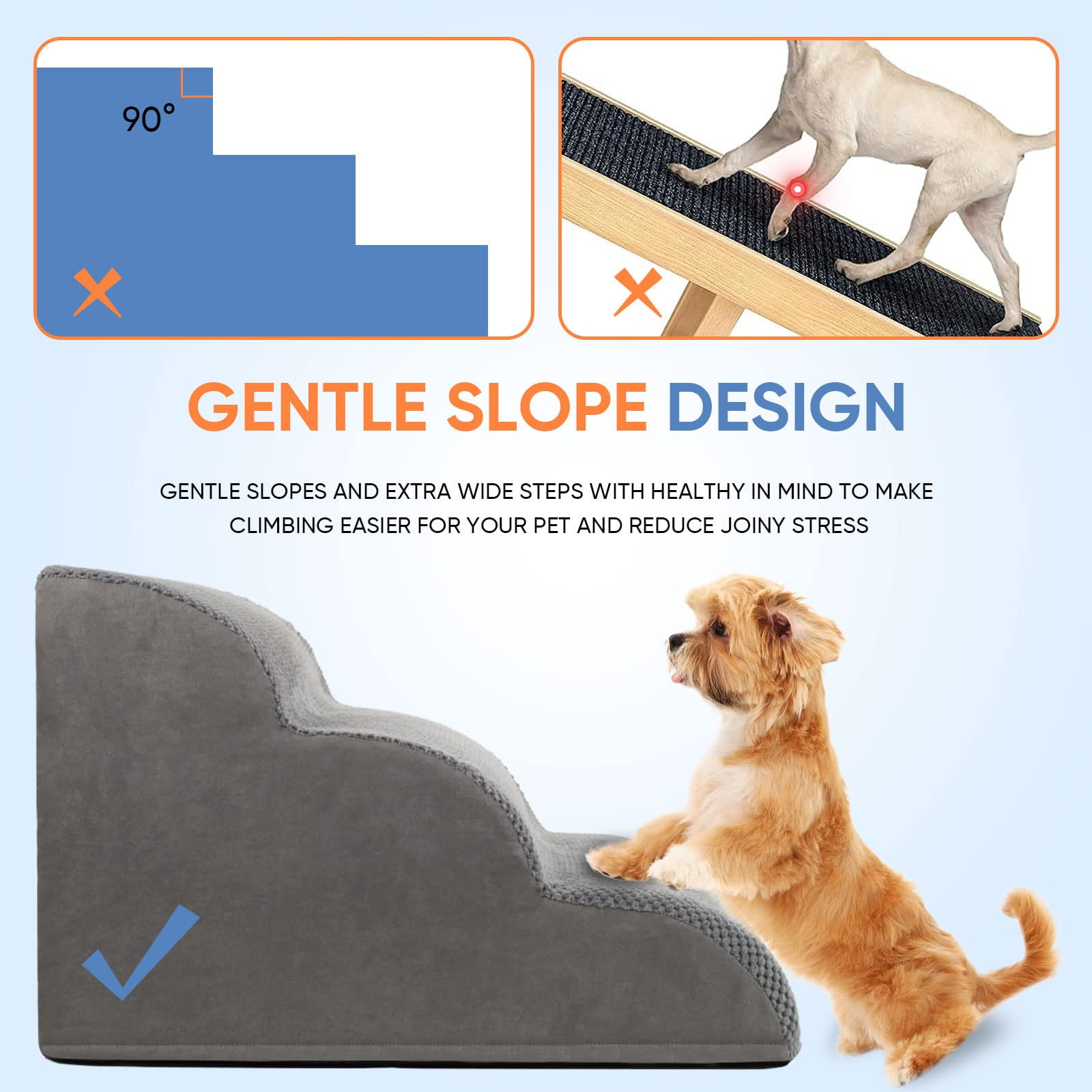 Kadyn 23" Dog Stairs for Small Pets with High-Density Sponge and Silicone Paw Prints, 3-Step Dog Ramp for Beds and Couch, Gray