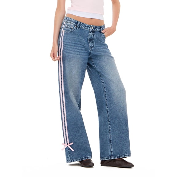 Forever 21 Women's Medium Wash Y2K Low-Rise Baggy Jeans, Side Stripe & Bow Accent, for Everyday Casual Wear, Size 0