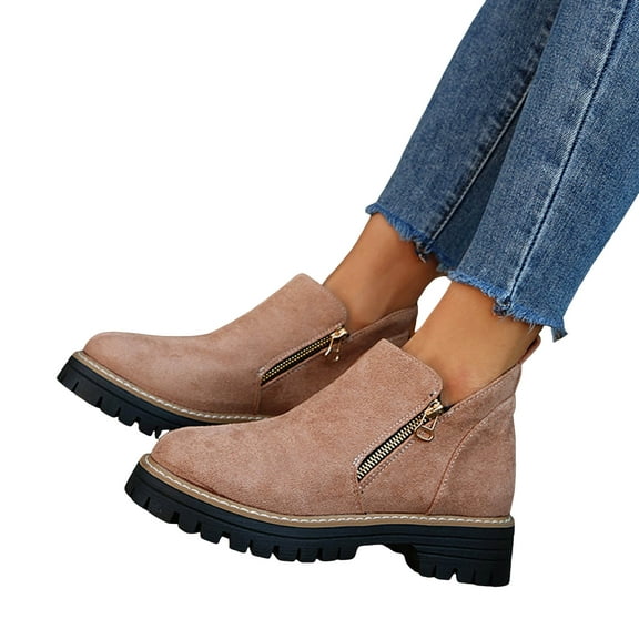 Suede Ankle Boots for Women Lug Sole Low Heel Casual Round Toe Zipper Booties Comfy Slip on Fall Boots