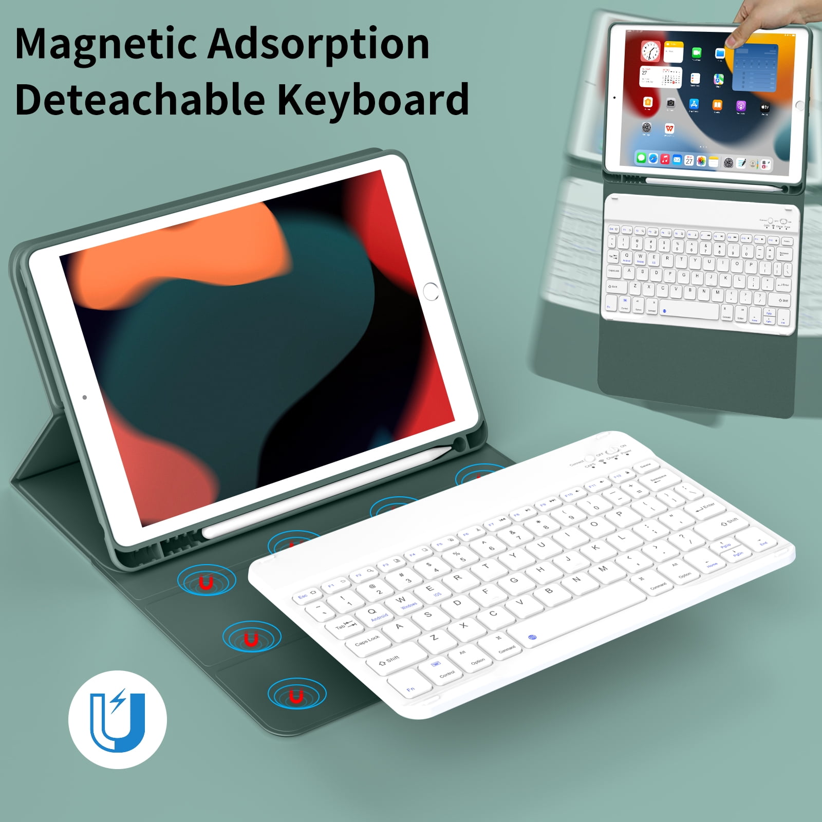 SZPSGC Keyboard Case for ipad 10.2" 9th/8th/7th Gen,Wireless Magnetic Detachable Keyboard for iPad 9th/8th/7th, with Built-in Pencil Holder, Green