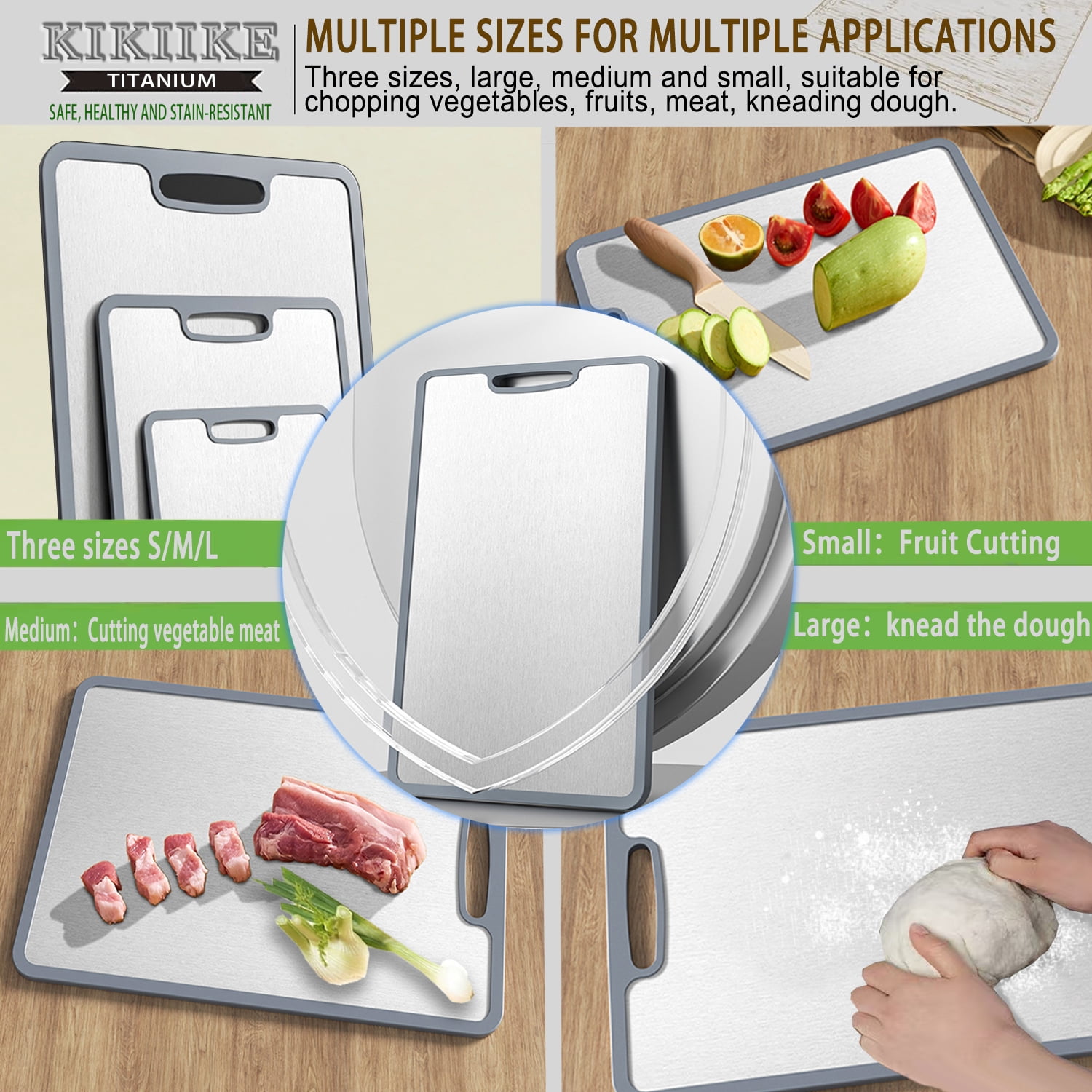 Titanium Cutting Board Double-sided non-slip silicone edging Pure Titanium Cutting Boards for Kitchen - Double-Sided Food-Grade Chopping Board Non-Stick Durable and easy to clean (Large)