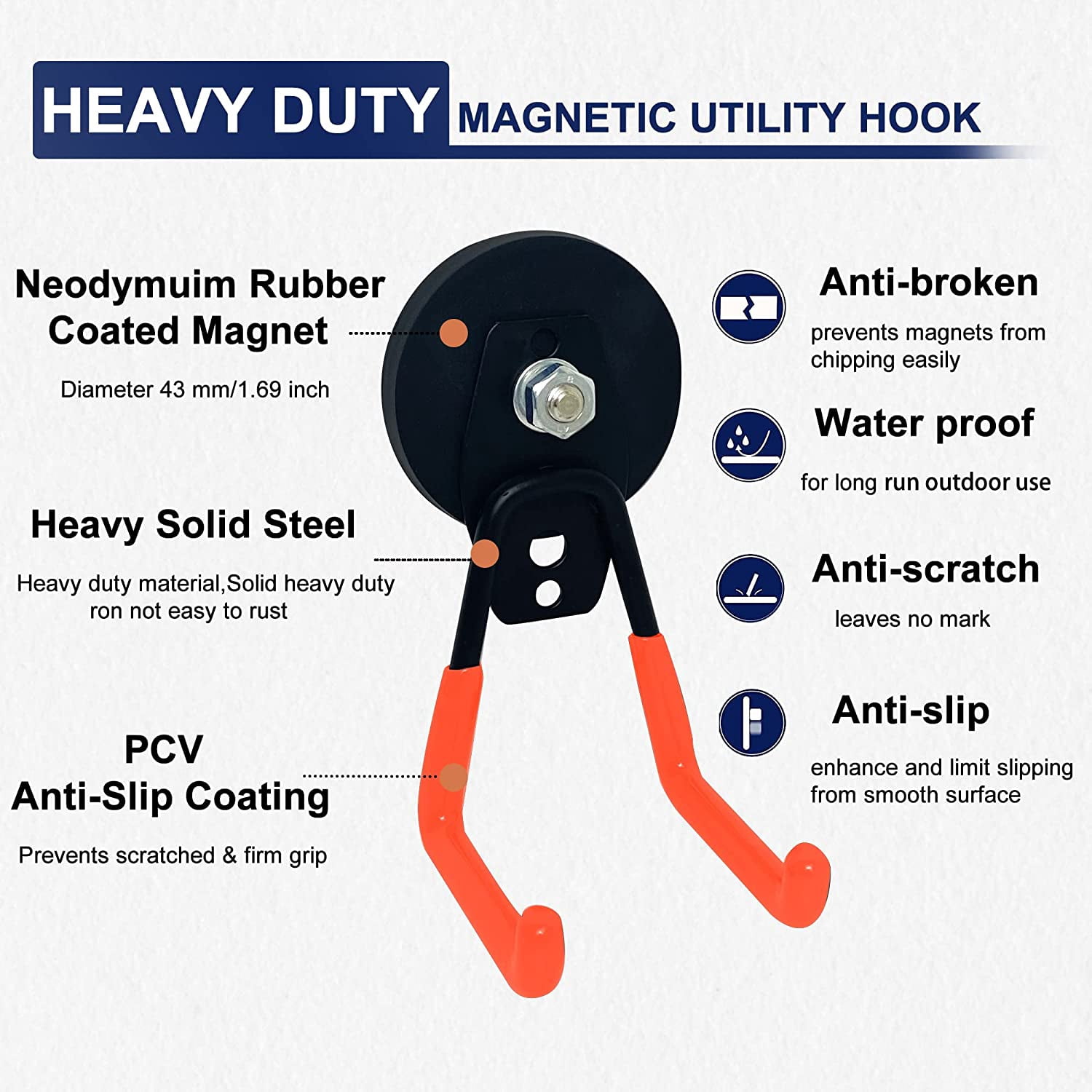 JJEAN-Strong Magnetic Hooks, 22Lbs Garage Magnet Hooks Utility Hooks Heavy Duty for Hanging Yard Tools Extension Hose Power Tools Workshop Organization Outdoor Indoor