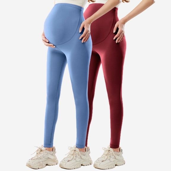 XUNKUSGA 2PC Maternity Leggings Casual Soild Color Over The Belly Bump Yoga Pants Classic Full Length Pregnancy Leggings for Women Comfortable Soft Workout Leggings S-XL Gold