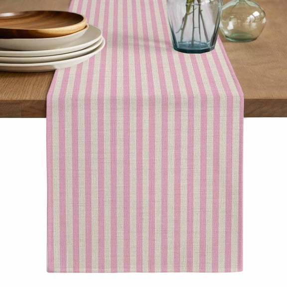 Pink Striped Cotton Linen Table Runner for Dining Kitchen, Modern Simple Farmhouse Beige Vintage Wedding Outdoor Party Tablerunners Decoration, Dresser Scarf Coffee Tablecloth Runners 13x36 Inches