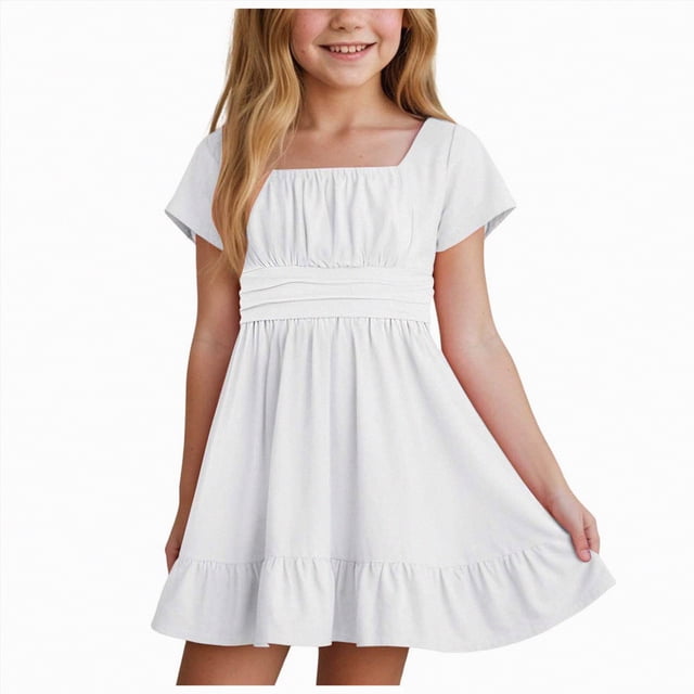 Gubotare Robe pour Adolescentes Filles Été Robes à Bretelles Fluide à Étages Froncée Smockée Dos Décontractée de Plage Robe d'Été Taille 12-13 (Blanc, 12-13 Ans)