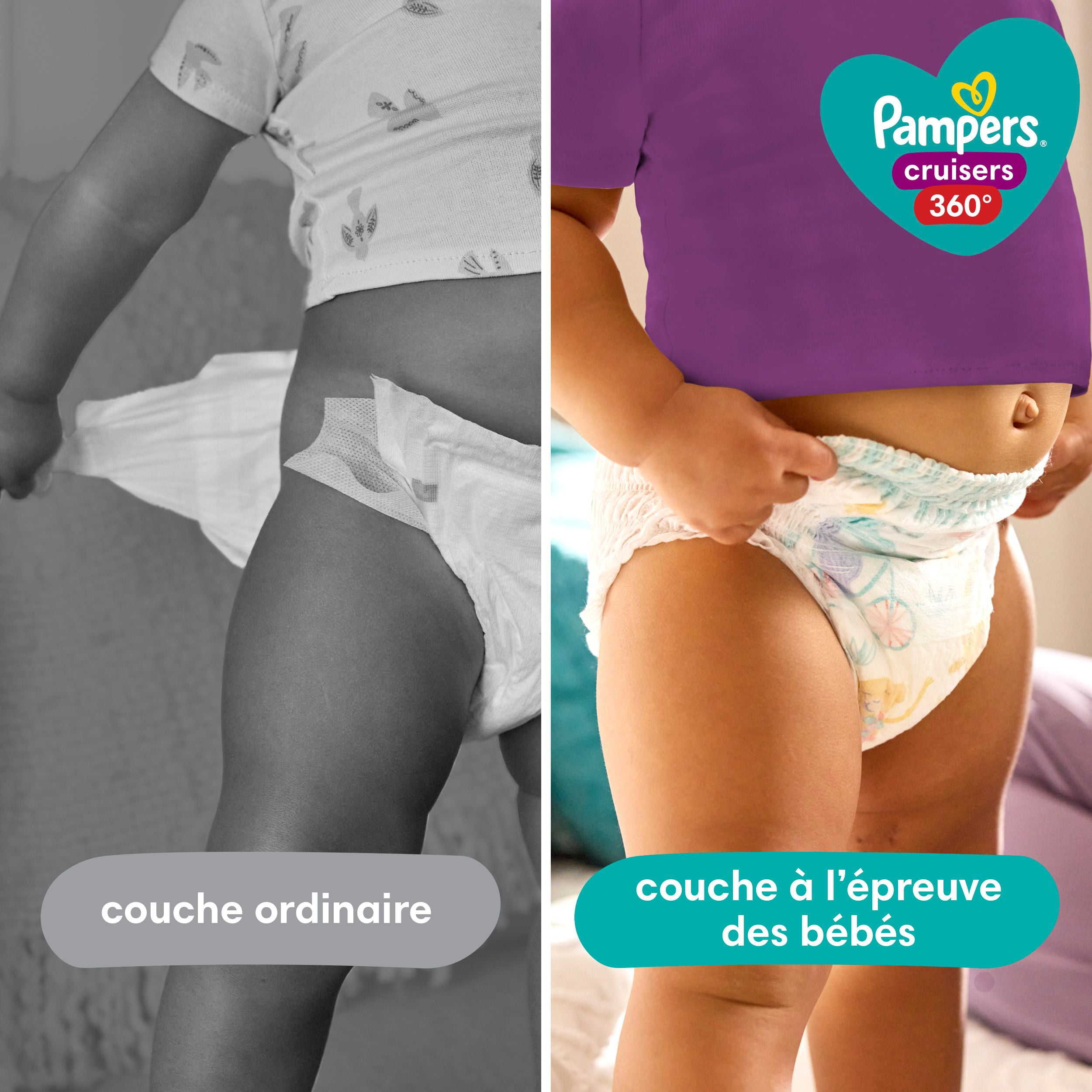 Couches Pampers Cruisers 360°, ajustement jusqu’à 100 % sans fuites, conçues pour les bébés actifs, couche à enfiler, rabats rapides conçus pour faciliter les changements, taille 4 64 Unité