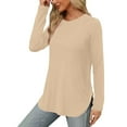 thumbnail image 4 of Ahdbta Long Sleeve Shirts for Women Solid Color Thin Loose Fitted Base Tshirts Trendy Side Split Curved Hem Crewneck Tops, 4 of 5