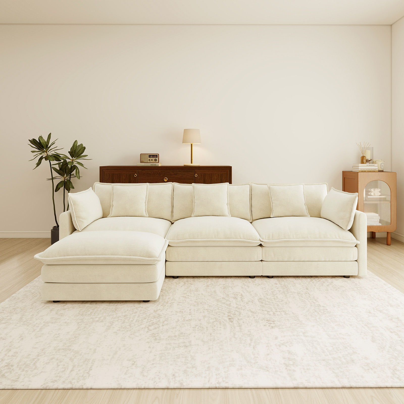 111.5” Beige White Modular Sofa, 3 Seater L Shaped Chenille Sectional for Living Room, Cloud Sectional Couch with Ottoman, Sofá moderno