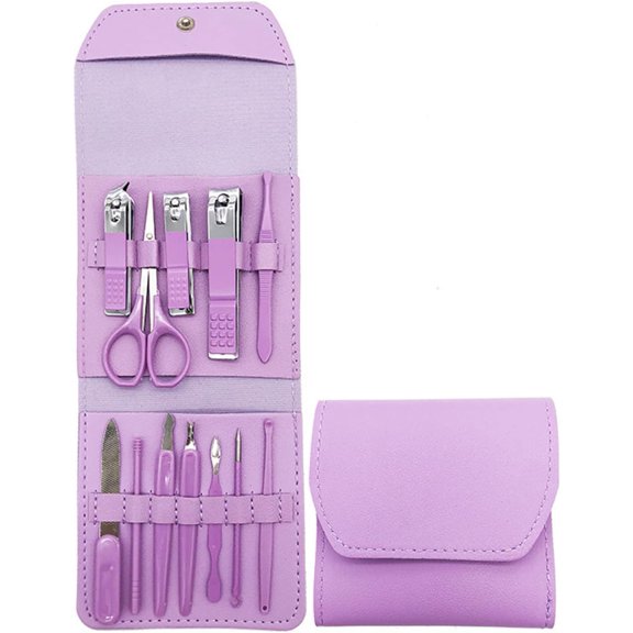 Nail Clipper Set, 12PCS Manicure Set Fingernail Clippers Kit Fashion Color Purple Stainless Steel Pedicure and Manicure Kit with Purple PU Leather Case
