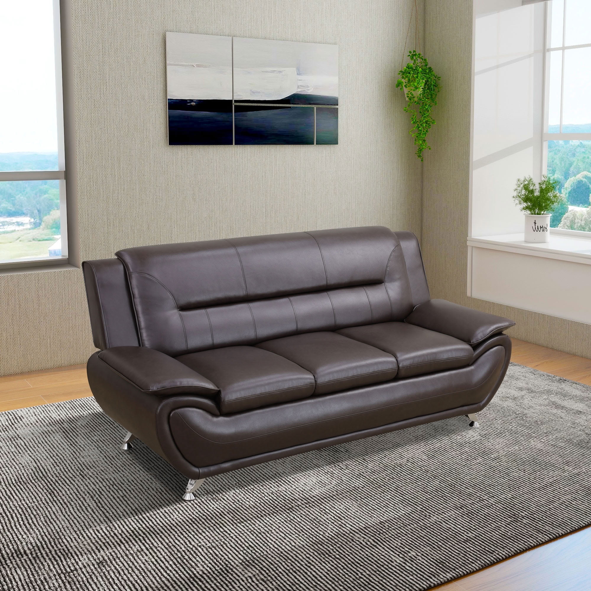 MAYEERTY Breathable Leather 3-Seater Sofa, Anti-Insect Solid Wood Frame Living Room Sofa, Brown