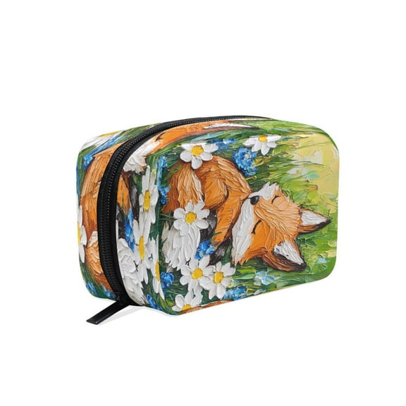BZSMCE Makeup and Cosmetic Bag Women Simple Fox Sleeping Among Flowers Pattern Square Cosmetic Bag
