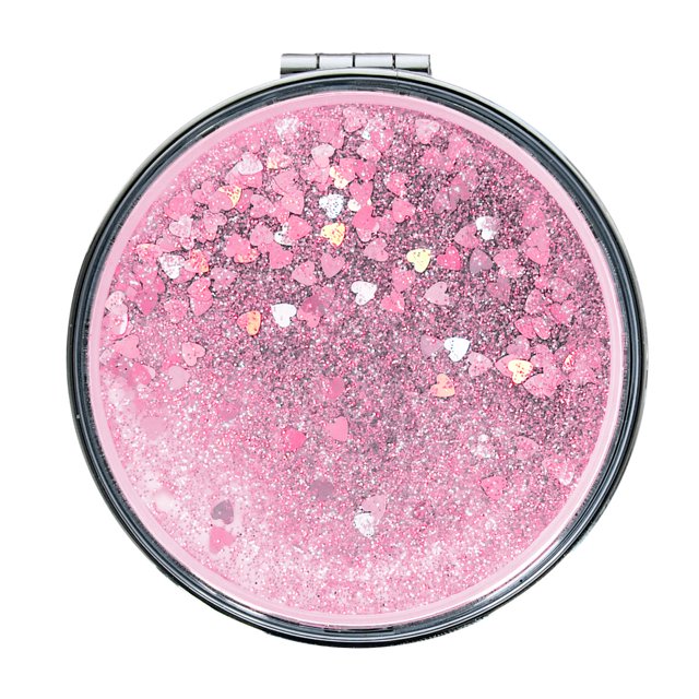 Espejo pequeño plegable de metal redondo con patrón de regalo, espejo de arena movediza, espejo de cristal con taladro en barra, espejo cosmético portátil de doble cara