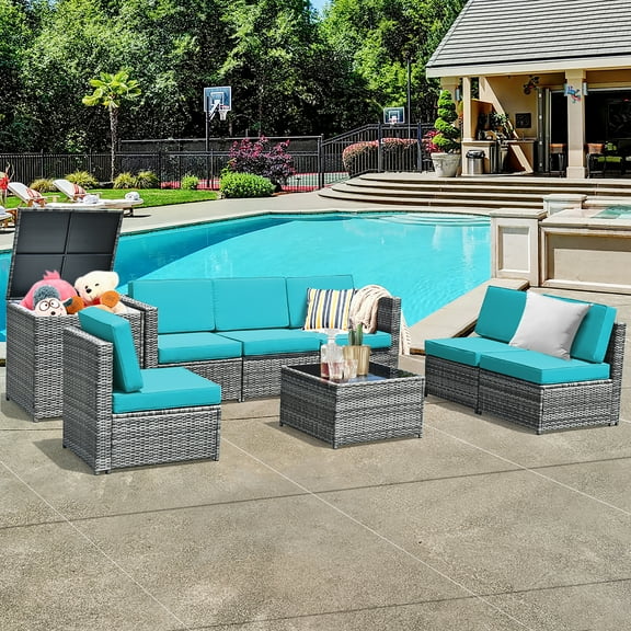 Costway 8 PCS Wicker Sofa Rattan Furniture Set Patio Furniture w/ Storage Table Turquoise