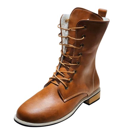 

Cathalem Leather Boots for Women Short Boots Boots Lace For Women Cotton Chunky Up Warm Heel Boots women s boots Shoes Brown 10