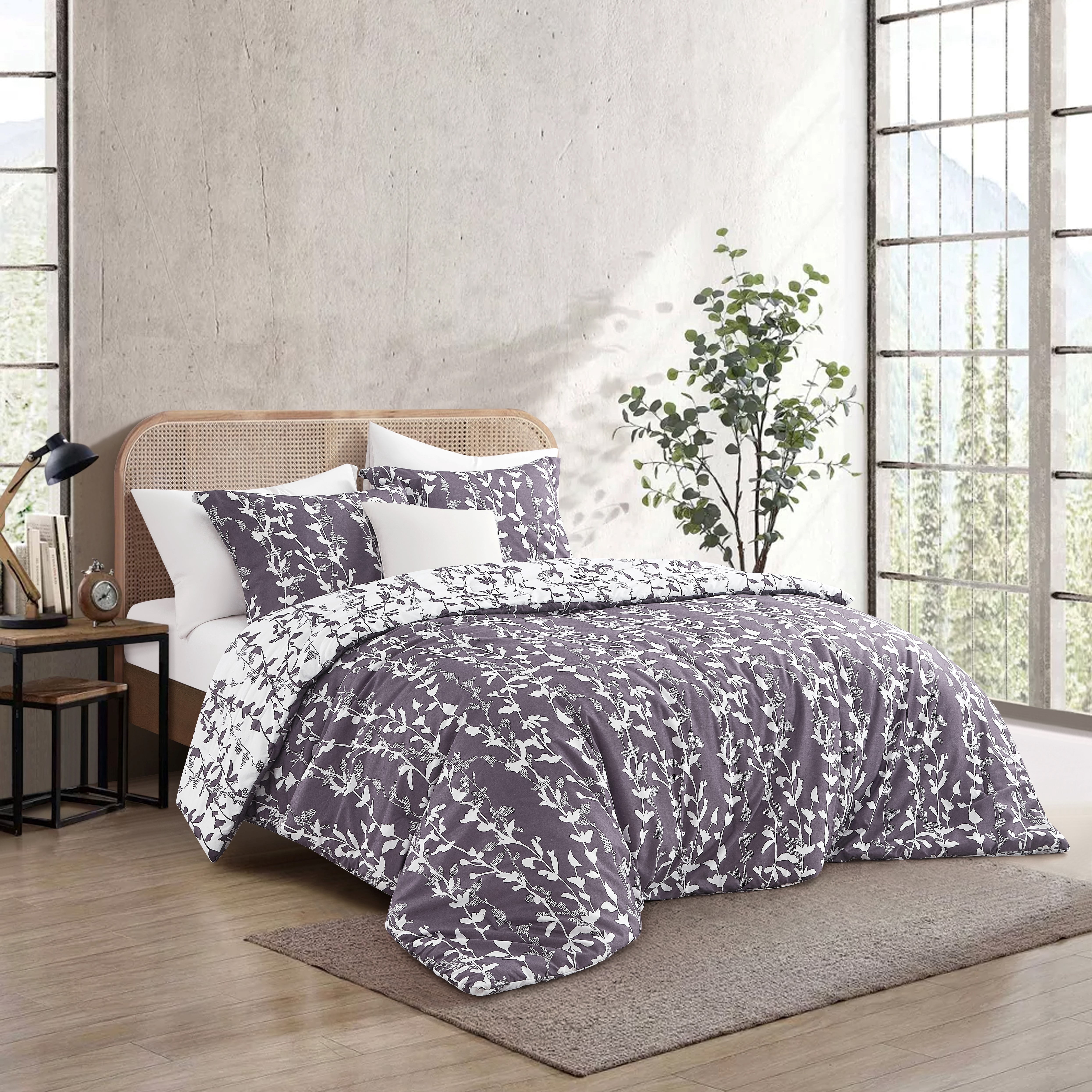 Nanshing 3 Piece Grayish Purple Comforter Set, Queen Size Solid Microfiber Print Bedding Set,All Season Leaves Bedding