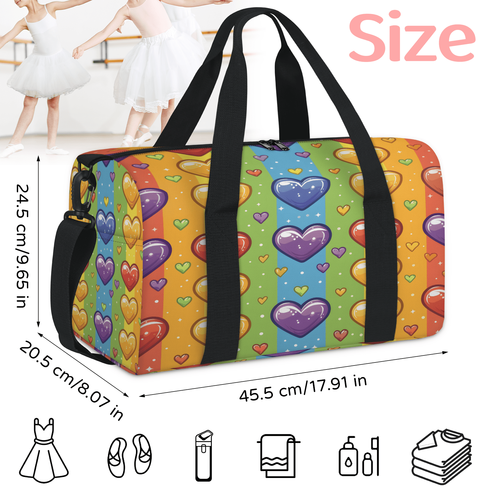 Herdesigns Love Heart Gym Bag for Women, Duffle Bag for Travel Sport, Rainbow Striped Lightweight Waterproof Carry on Weekender Dance Yoga Workout Bags