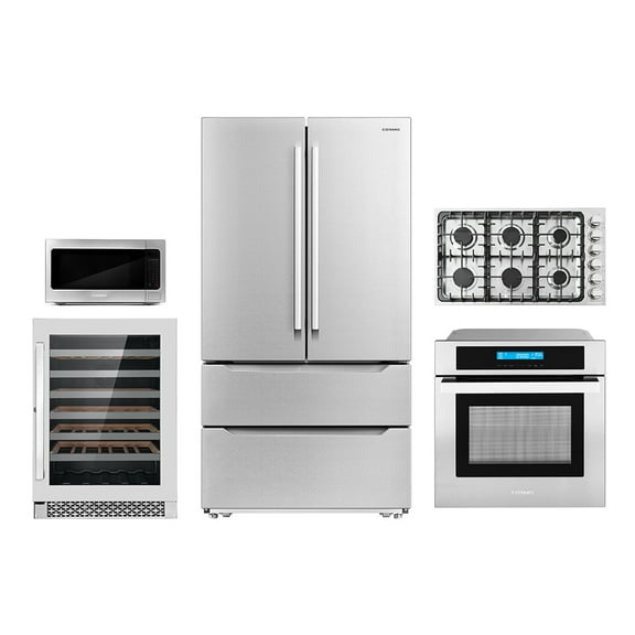 Cosmo 5 Piece Kitchen Package With 30" Gas Cooktop 30" Wall Mount Range Hood 24" Single Electric Wall Oven 24.4" Countertop Microwave & French Door Refrigerator
