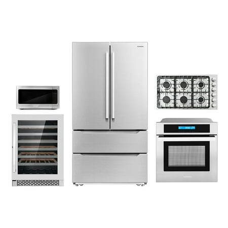 Cosmo 5 Piece Kitchen Package With 30  Gas Cooktop 30  Wall Mount Range Hood 24  Single Electric Wall Oven 24.4  Countertop Microwave & French Door Refrigerator