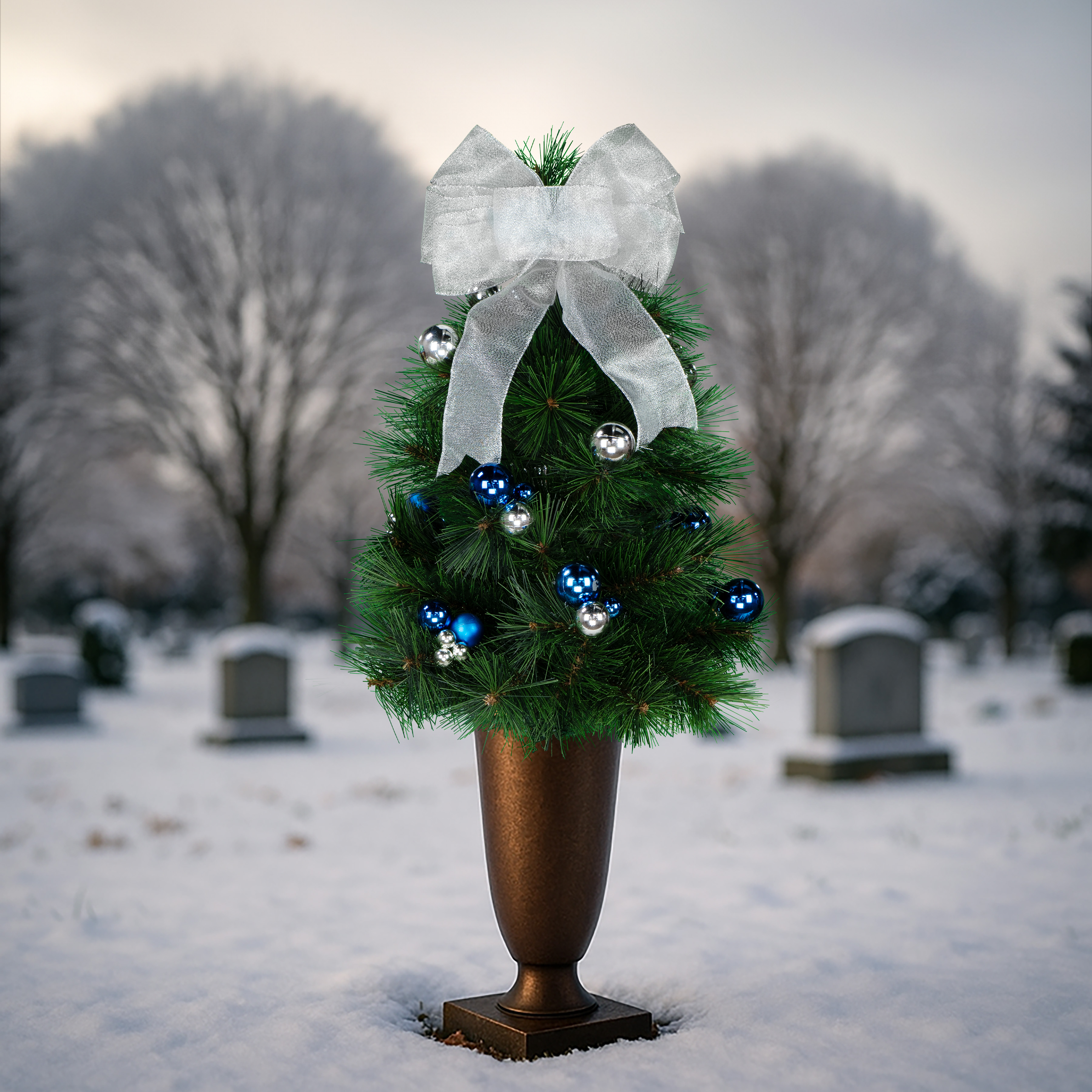 Sympathy Silks Artificial Cemetery Flowers Blue and Silver Christmas Tree with Bow
