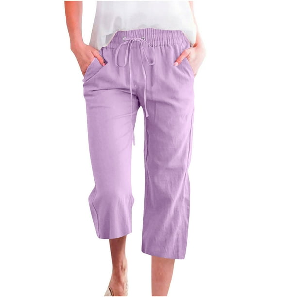 Pantalones Sueltos Capri para Mujeres Casual Color Elástico Suelto Capris con Bolsillo, Pantalones de Moda de Poliéster Spandex, Lavado a Mano Al Aire Libre