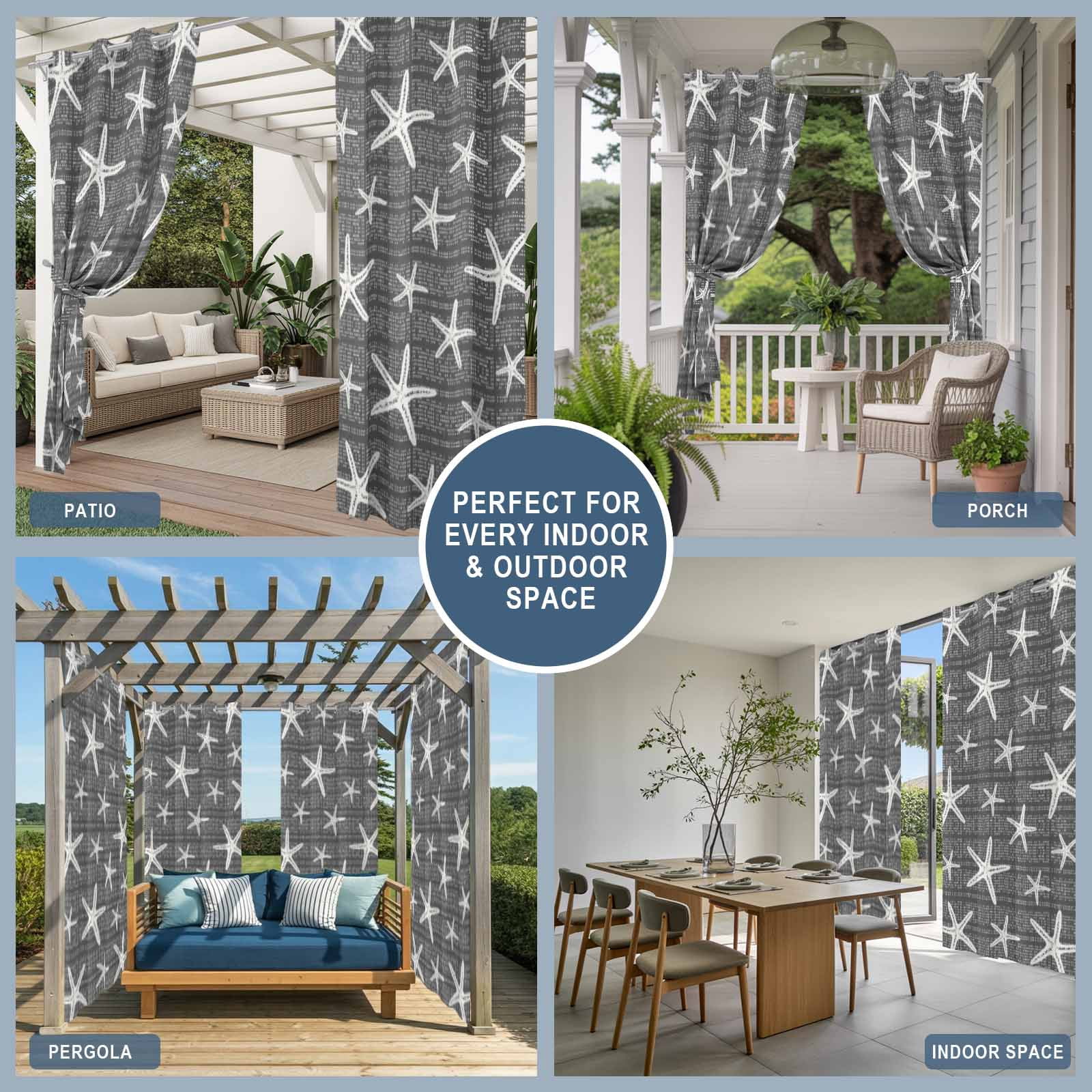Black Starfish Coastal Outdoor Curtains for Patio, Summer Beach Nautical Sea Ocean Sunshade Privacy Drapes Grommet Waterproof Outside Curtains for Porch/Cabana/Balcony 54"x 108", 1 Panel