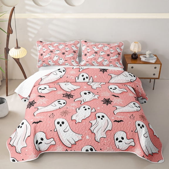 Homewish Cartoon Halloween Ghost Twin Quilt Set,Spider Web Bat Pattern Twin Coverlet Set,Blush Pink White,2-Piece