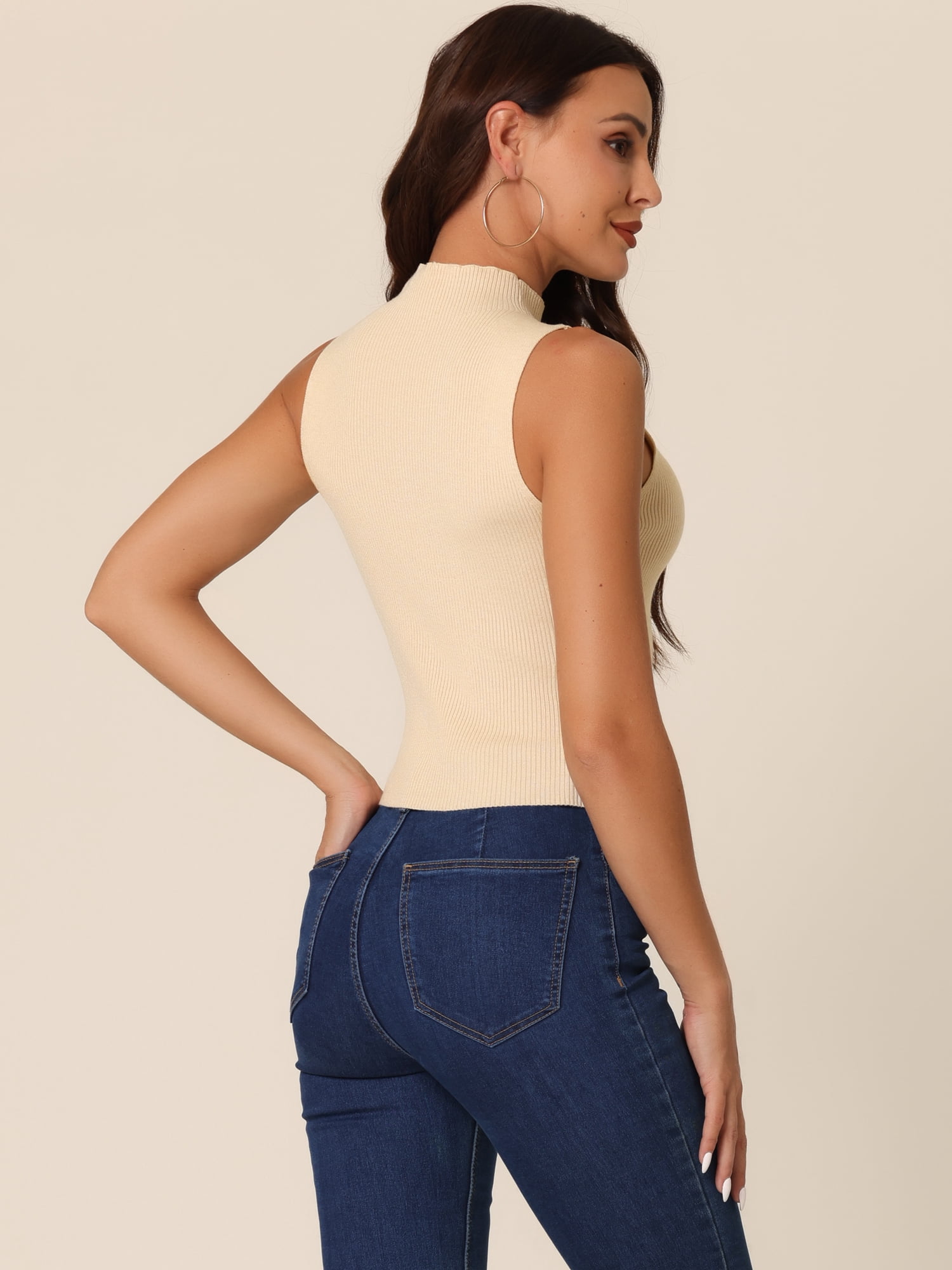 Unique Bargains Women's Mock Neck Knit Sweater Vest Sleeveless Trendy Ribbed Tank Tops L Beige