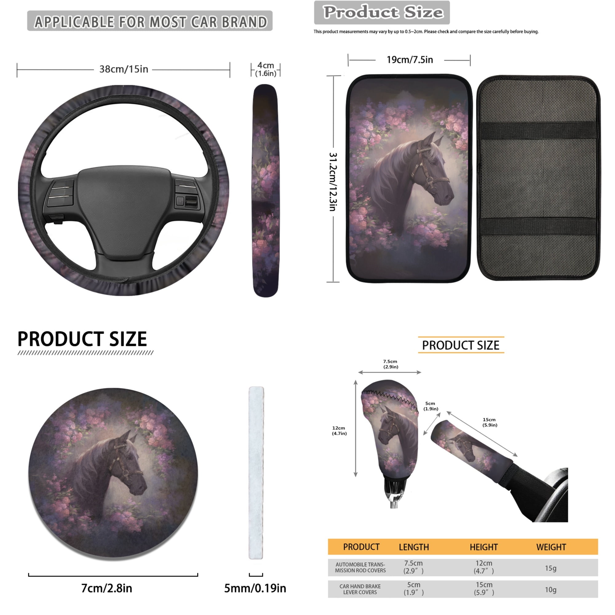 Tutolipy 16 Piece Car Interior Accessories Sets, Horse Flower Print Car Front and Back Seat Cover with Steering Wheel Cover Car Arm Rest Cover Seat Belt Pads Car Headrest Cover Coaster