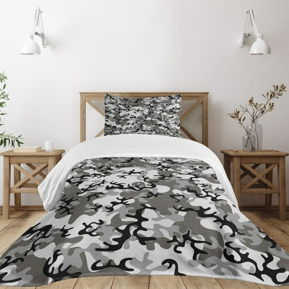 Ambesonne Camouflage Quilted Bedspread Set 2 Pcs, Camouflage Concept, Twin Size, Black Grey Grey