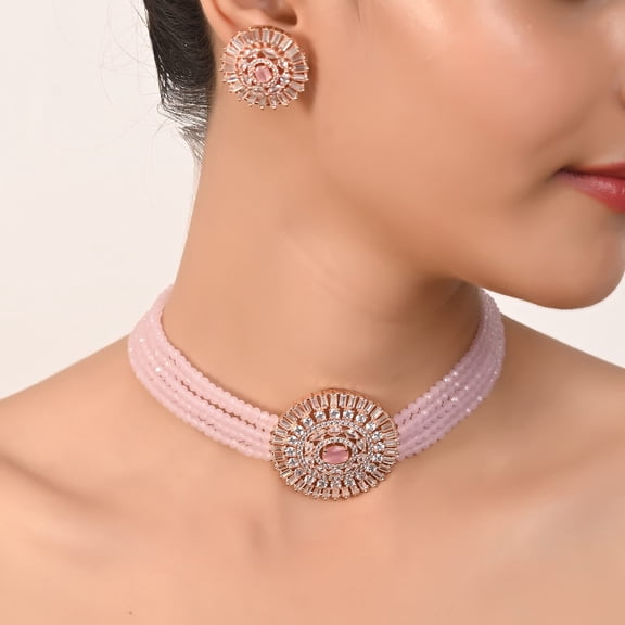 RATNAVALI JEWELS Cubic Zirconia Pink Gold Polish Gorgeous Wedding Indian Bollywood Choker Chic Quartz Beads Necklace Dangle Earrings Jewelry Set For Women