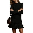 thumbnail image 1 of Robe Chandail en Tricot Torsadé pour Femmes, Col Ras du Cou, Manches Longues, Mini-Robe Plissée, Style Deux-en-un, Robe Patchwork, Noir, P, 1 of 8