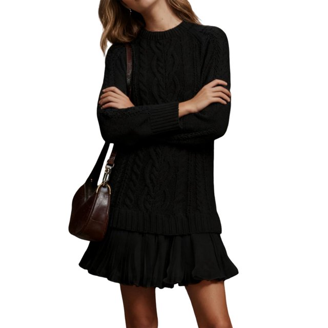Robe Chandail en Tricot Torsadé pour Femmes, Col Ras du Cou, Manches Longues, Mini-Robe Plissée, Style Deux-en-un, Robe Patchwork, Noir, P