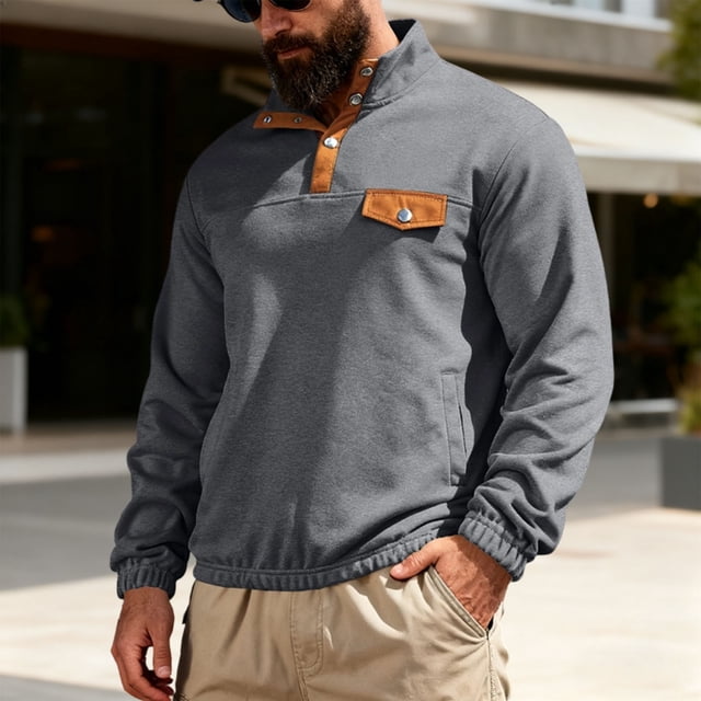 pstuiky Camisas casuales de manga larga para hombre, Blusa/camisa informal y moderna de color liso con cuello alto, manga larga y bolsillos para hombre top de hombre xl