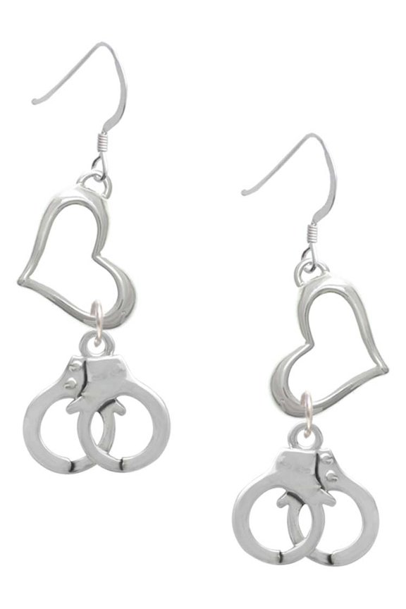 Silvertone Handcuffs Open Heart French Earrings