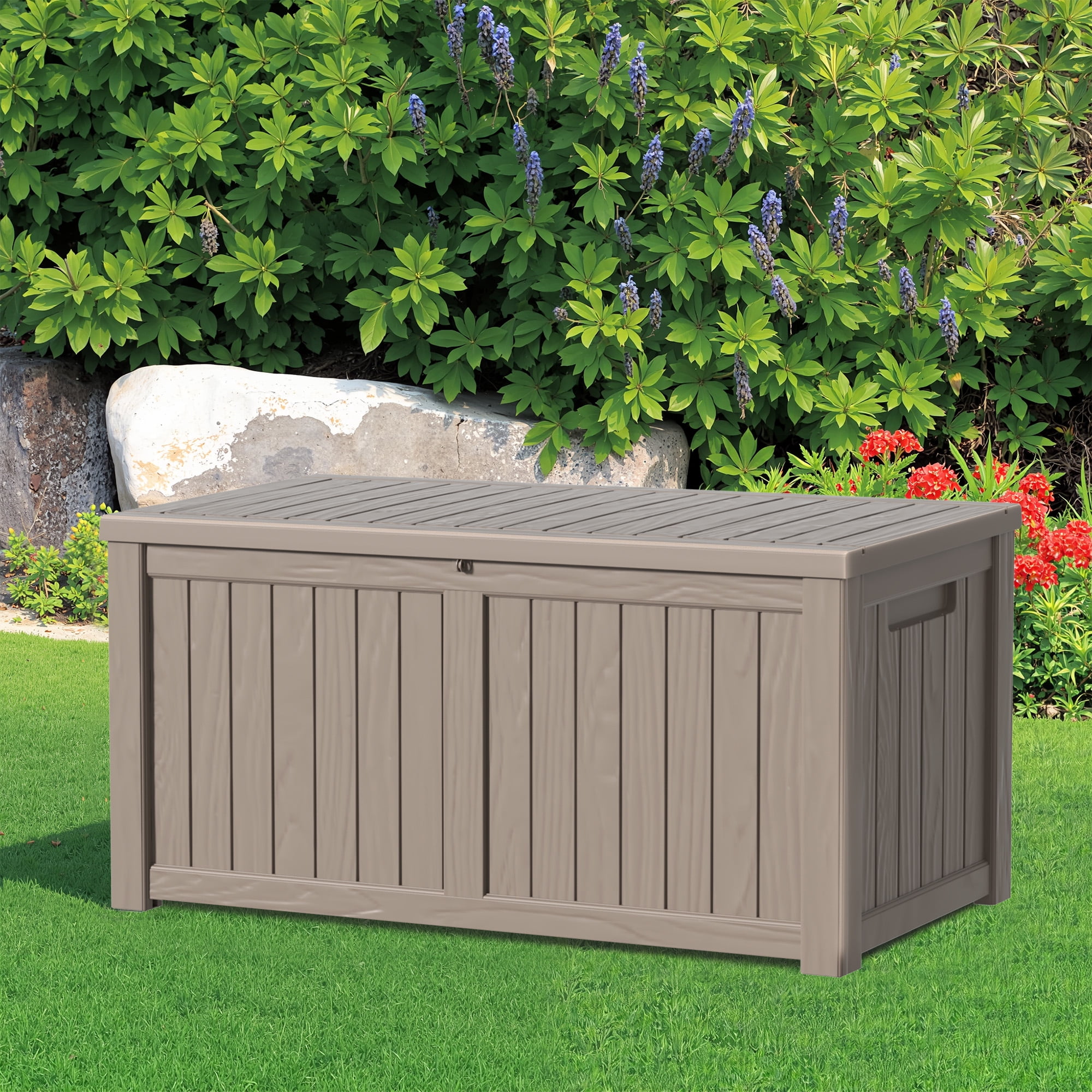 MAYEERTY 120 Gallon Outdoor Deck Box, Large Capacity Storage Box for Patio Furniture Cushions, Pillow with Wheels, Light Brown