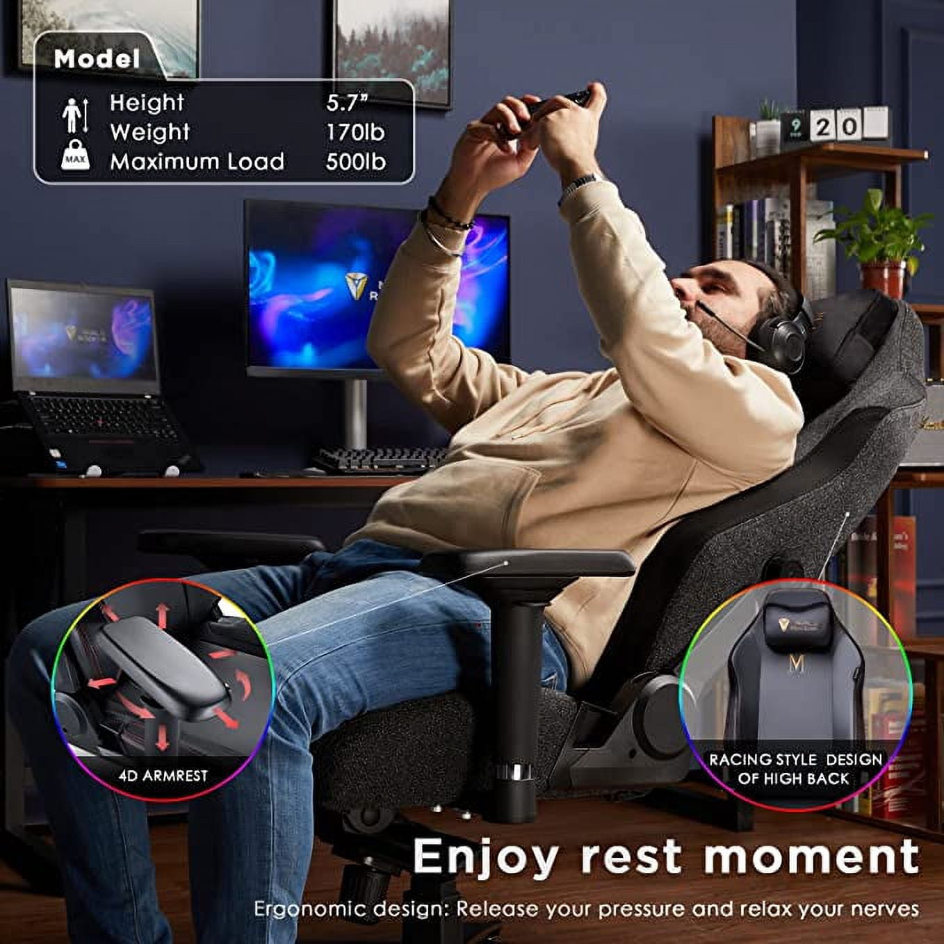 VANACC Gaming Chair Ergonomic PC Game Chair- Lumbar Support Headrest 4D Armrests Computer Chair, Big and Tall Comfortable Large, Black Polyester, XL Size