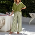 thumbnail image 6 of Maqroz Women 2 Piece Outfits Sets Summer Striped Print Short Sleeve V Neck Top and Striped Pants Set Elastic Waist Pockets Casual Vacation Sets Green M, 6 of 7