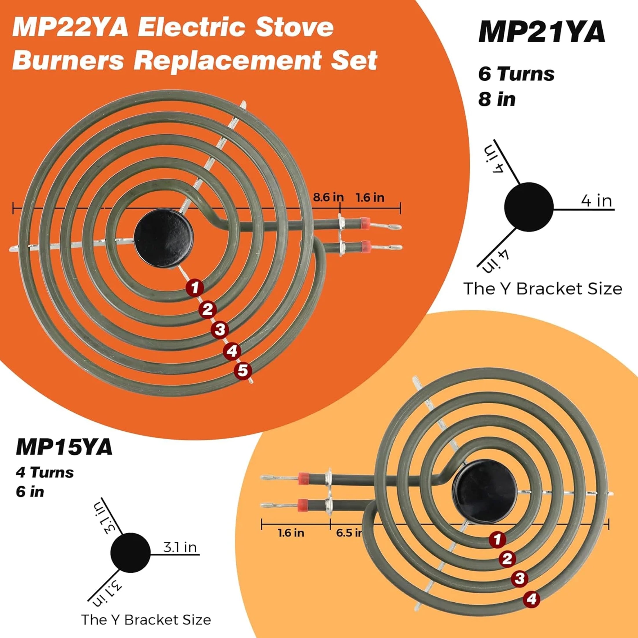 MP22YA Electric Range Burner Element Set & W10290350 W10290353 4 Pack Silver Drip Pans for Whirlpool Electric Range Stove (2 Pcs MP15YA 6" & 2 Pcs MP21YA 8")
