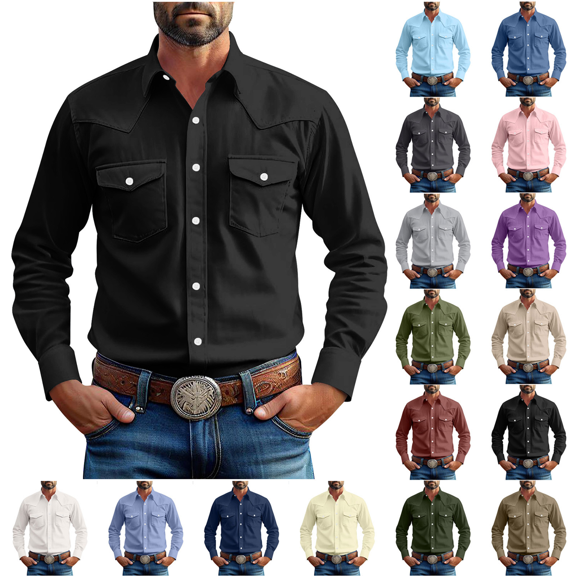 Zeijnsda Shirts for Men Lapel Button Down Vintage Shirts Daily & Business Wear Long Sleeved Blouse Solid Color Cotton Linen Fashionable Shirts with Pockets S-5XL