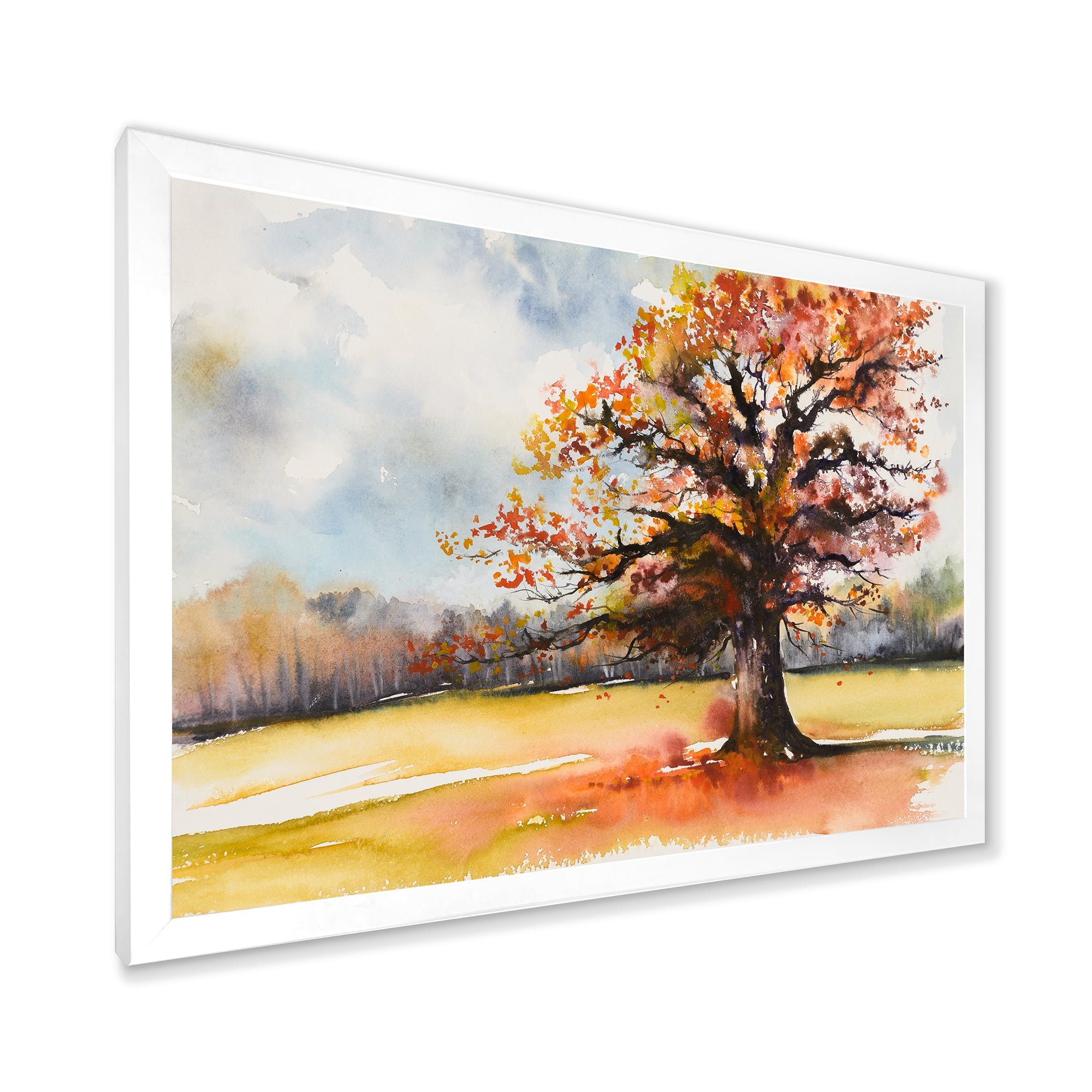 Designart 'Lone Oak Tree In The Fields With Autum Leaves' Traditional Framed Art Print