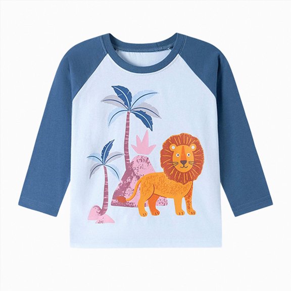 KPOPLK Toddler Boys T‑Shirt Animal Print Raglan Long Sleeve Crew Neck Tshirt Casual Pullover for Kids(7 Years,Blue)